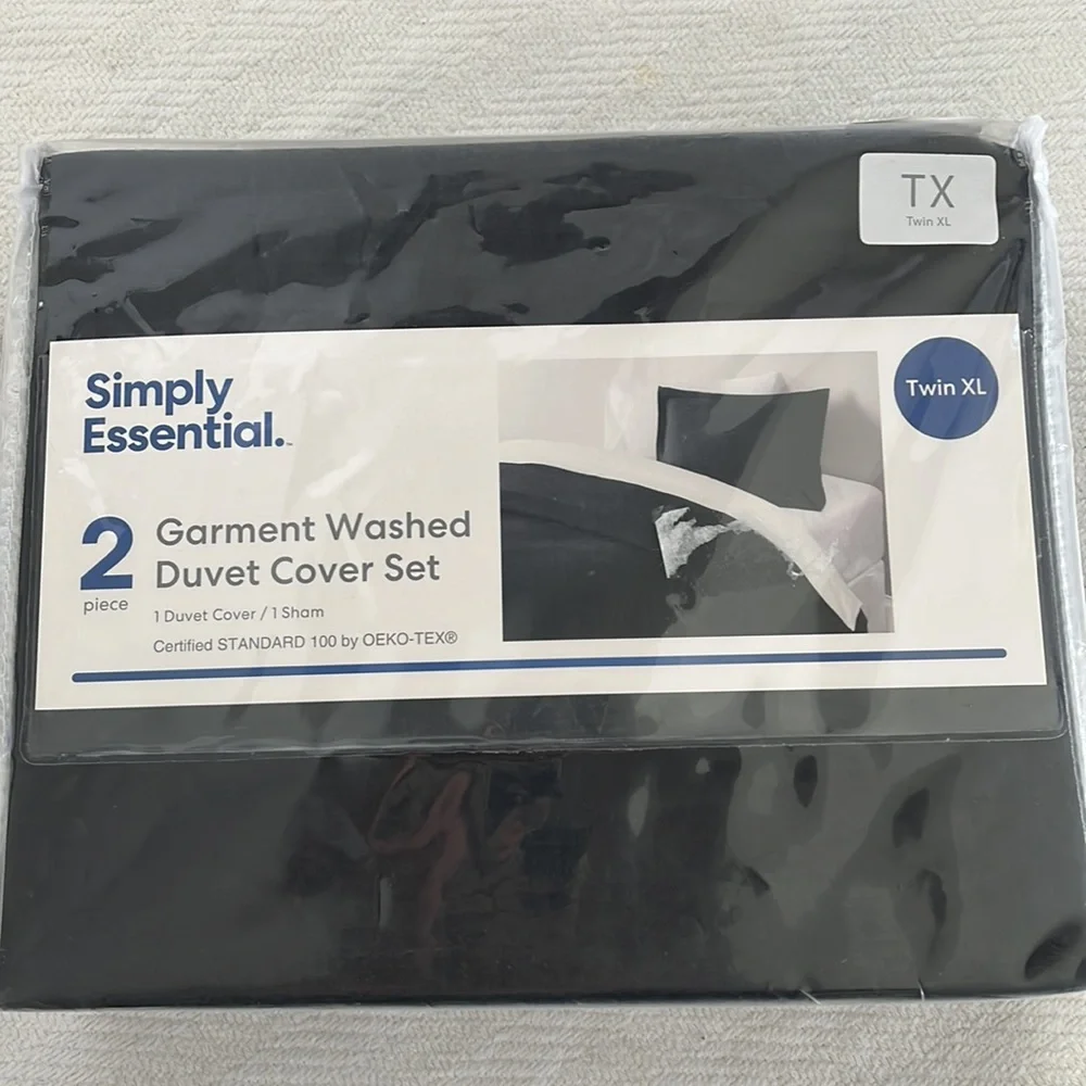 SIMPLY ESSENTIAL 2 PIECE Garment Washed Duvet Cover & Sham set Black For Twin XL
